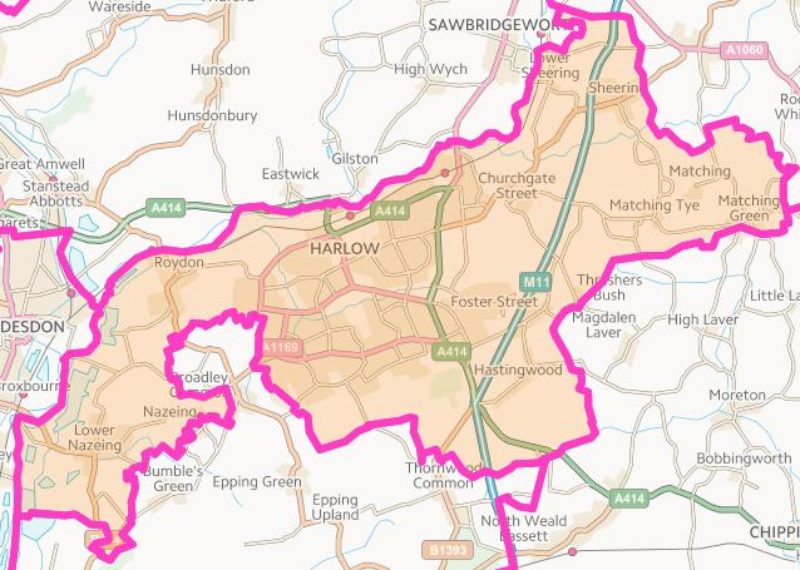 Map of Harlow Parliamentary Constituency, Harlow District is a part of this.